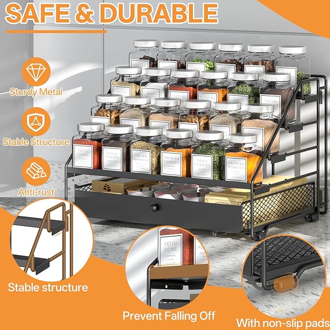 Spice Rack Organizer for Cabinet: 4 Tier Adjustable Spice Rack Organization with Drawer, Depth Metal Shelf for Kitchen Countertop, Cupboard, Pantry, Holds Seasoning and Condiments (Black)