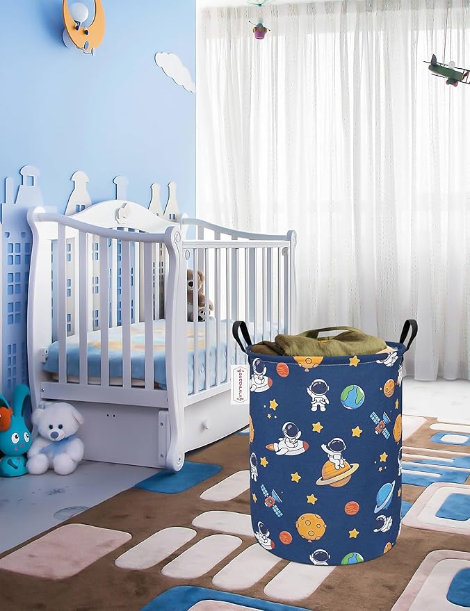 QUEENLALA Large Storage Basket,Laundry Hamper/Bathroom/Home Decor/Collapsible Round Storage Bin,Boys and Girls Hamper/Boxes/Clothing（Round-Yellow Star Astronaut）