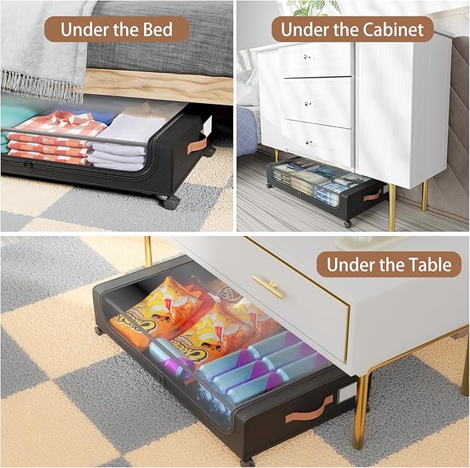 Under Bed Storage with Wheels, UnderBed Storage Containers with Clear Lid and Handles, XXL 60L Under the Bed Storage Bins Drawers for Clothes,Blankets,Shoes,Books (BLACK, 2 PACK)