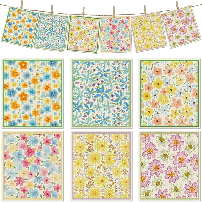 6 Packs Swedish Paper Cloths for Kitchen, Reusable Paper Towels Washable Dish Rags, Highly Absorbent Kitchen Towels Quick Drying Swedish Sponge Cleaning Dish Cloths(Orange Pink Blue Floral)