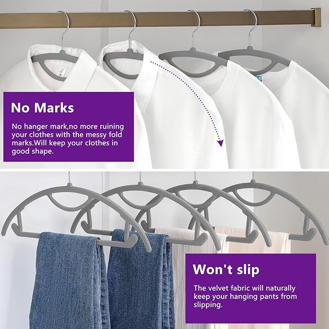MIZGI Premium Velvet Hangers 50-Pack,No Shoulder Bump Hangers W/Tie Bar Ultra Thin Space Saving Non Slip Hanger Heavy Duty Felt Rounded Clothes Hanger for Sweaters,Coat,Jackets,Pants,Shirts