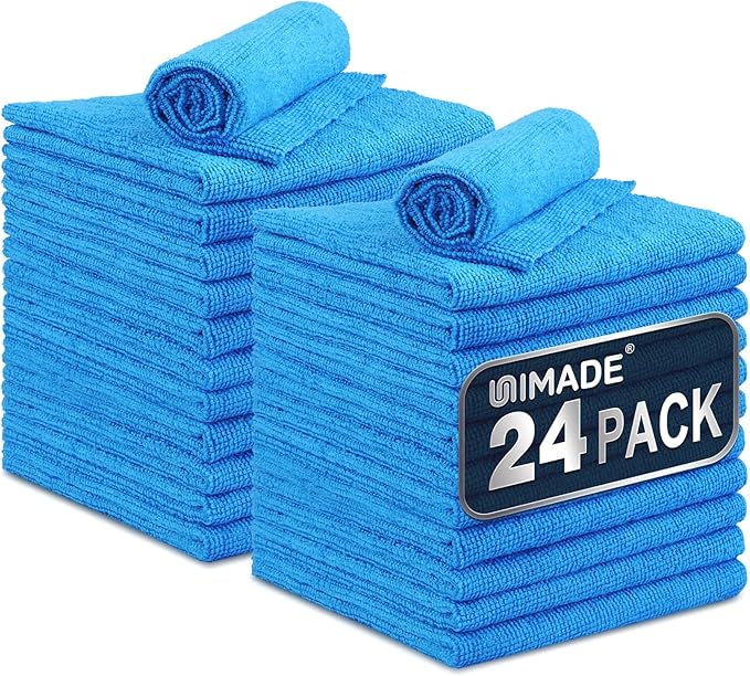 Microfiber Cleaning Cloth, 24 Pack Reusable Microfiber Towels for Cars Lint Free Cleaning Shop Towel Rags for Home Kitchen Automotive Bar Mechanic Restaurant Garage, 11"x 12", Blue