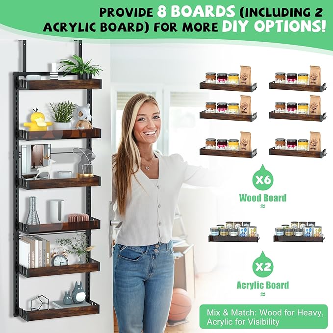 Jolitac Over The Door Pantry Organizer, 6-Tier Adjustable Solid Wood Rack Over-Door & Wall Storage Organizer with 8 Boards (2 Extra) Multi-Space Kitchen,Bathroom Reinforced Frame for Durable Use