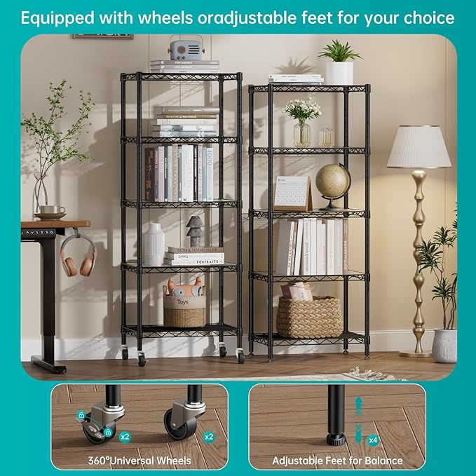SINGAYE 5 Small Shelf Storage Wire Shelves Closet Bathroom Organizers Metal Pantry Kitchen Garage Shelving Unit Laundry Room Organization Home Narrow Rack Net Basket with Wheels Black