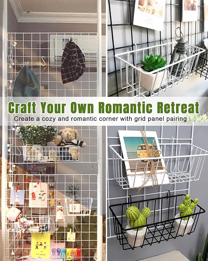 6 Pack Wire Baskets, Black Grid Wall Accessory, Wire Grid Panel Hanging Basket, Display and Storage Wall Basket for Kitchen, Home Decor, Potted Plants