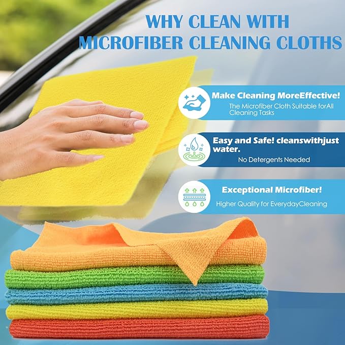 Microfiber Cleaning Cloth, 50 Pack Cleaning Rags with 5 Color Assorted, Absorbent and Lint Free Cleaning Cloth for Window, Household and Kitchen, 11"X11.5", (Blue/Yellow/Green/Orange/Red)