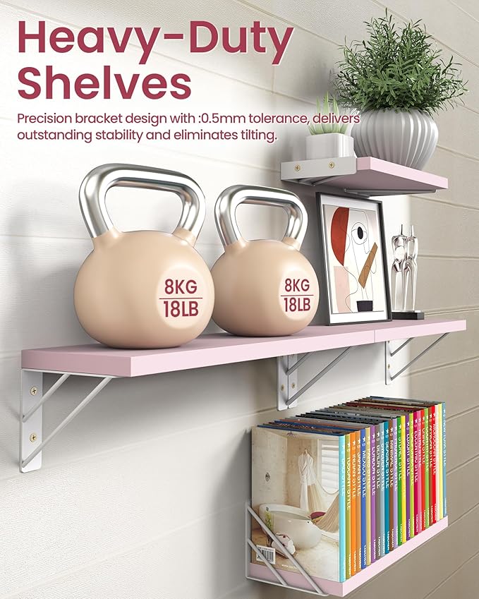 BAYKA Wall Shelves for Bedroom Decor, Floating Wall Shelf for Living Room Kitchen Storage, Mounted Rustic Wood Shelves for Kids Books, Corner Shelf for Bathroom(Pink，16in，Set of 4)