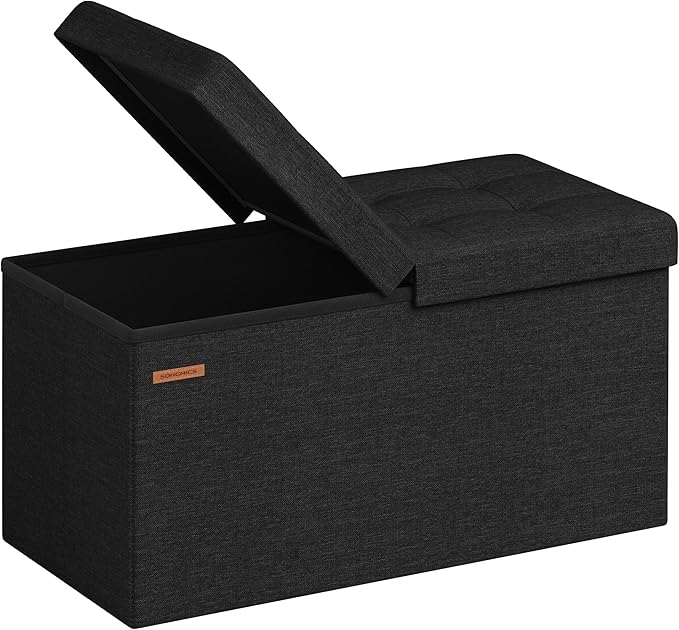 SONGMICS Mazie Collection - 30 Inches Storage Ottoman, Foldable Storage Bench with Flipping Lid, 660 lb Load Capacity, for Entryway, Living Room, Bedroom, Ink Black ULSF046B01