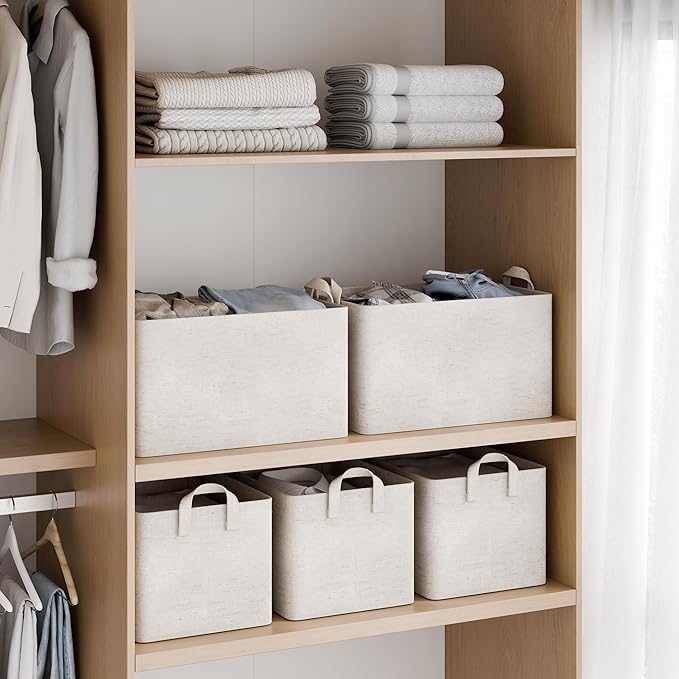 StorageWorks Storage Bins, Shelves Baskets for Organizing, 45L Extra Large Fabric Closet Organizers with Handles, Metal Frame, Beige-Cotton-linen, 2-Pack