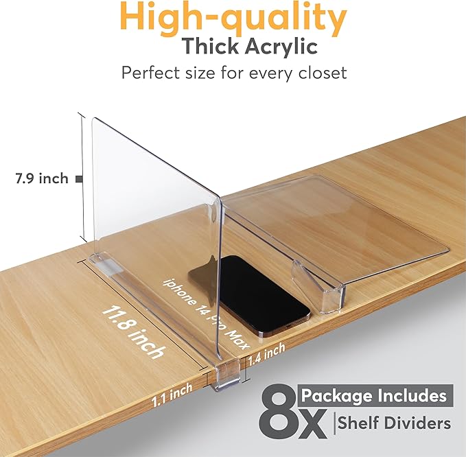 8 Pack Acrylic Shelf Dividers for Closet 11x7.9 Inch – Acrylic Dividers for Shelves Clear Closet Shelf Separators for Purses, Clothes Storage – Vertical Bookshelf Dividers for Bedroom & Kitchen