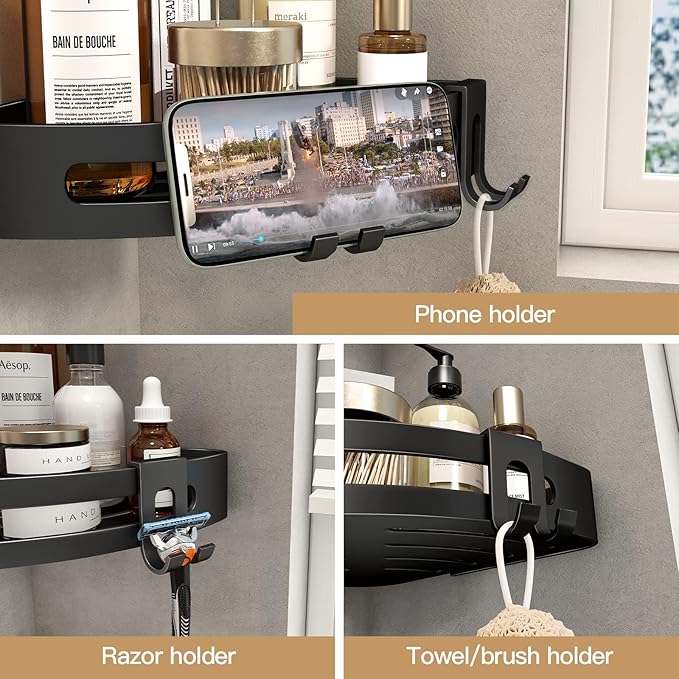 VOLPONE Corner Shower Caddy with Razor Holder Adhesive Shower Shelf Corner No Drilling (adhesive mounting, no suction cup) Bathroom Shower Organizer Storage Rack (2-Pack, Black)