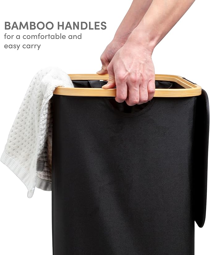 QUALIAZERO 87L Laundry Hamper with Lid – Single Section Bamboo Frame Hamper with Removable Inner Bag & Pull-Tab Cover, Slim Design for Bedroom, Bathroom, or Laundry Room (ONYX BLACK, SINGLE)
