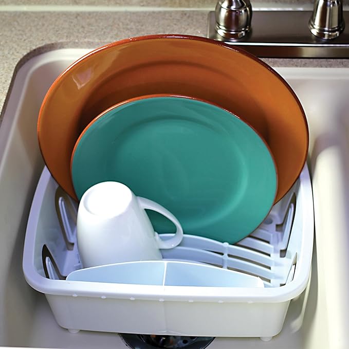 Camco RV Mini Dish Drainer & Tray - Features a Sloped Drain Tray Design, Heavy-Duty Construction - Ideal for Small Spaces, Apartments, Boats, and More -9.5" L x 11.7" W x 4.75" H - White (43511)