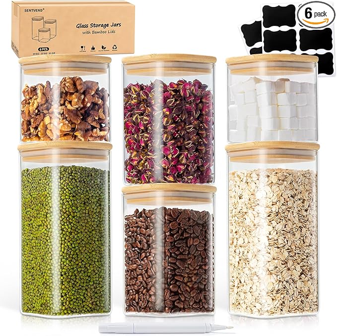 24 Oz/ 37 Oz/ 51 Oz Glass Storage Jars with Bamboo Lids - 6 Pack Clear Glass Canisters Square Airtight Stackable Ideal for Pantry Storage Containers Great for Cereal Coffee Beans Snacks etc