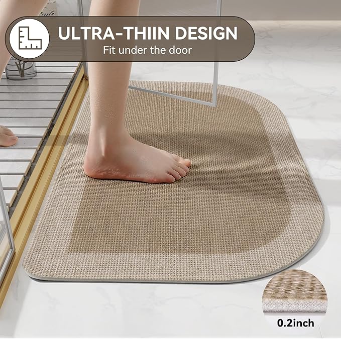 YDKGL Half Circle Bath Mat, Thin Bathroom Rugs Fit Under Door Quick Dry Non Slip Washable Bathroom Mat with Rubber Backing, Absorbent Half Round Shower Rug, Brown Beige 16x24