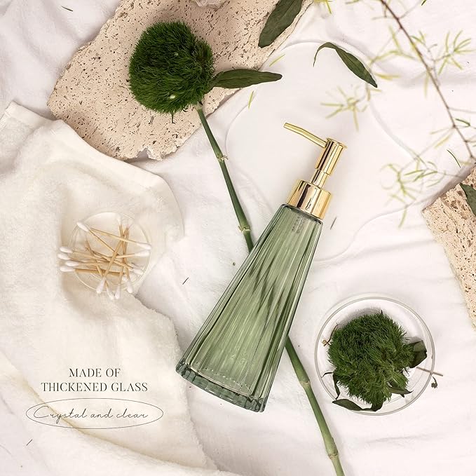 EMPO Vintage Elegant Glass Soap Dispenser, Liquid Soap/Sanitizer/Shampoo Bottle with Pump, Rustic Farmhouse Decor Crystal Hand Soap Dispenser for Kitchen Sink, Bathroom Accessories (Sage Green)