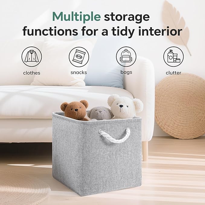 13x13 Inch Cube Storage Bins with Reinforced Bottom Cardboard, 6 Pack Large Foldable Fabric Storage Cubes with Handles for Shelf, Closet, Laundry Organization (Grey)