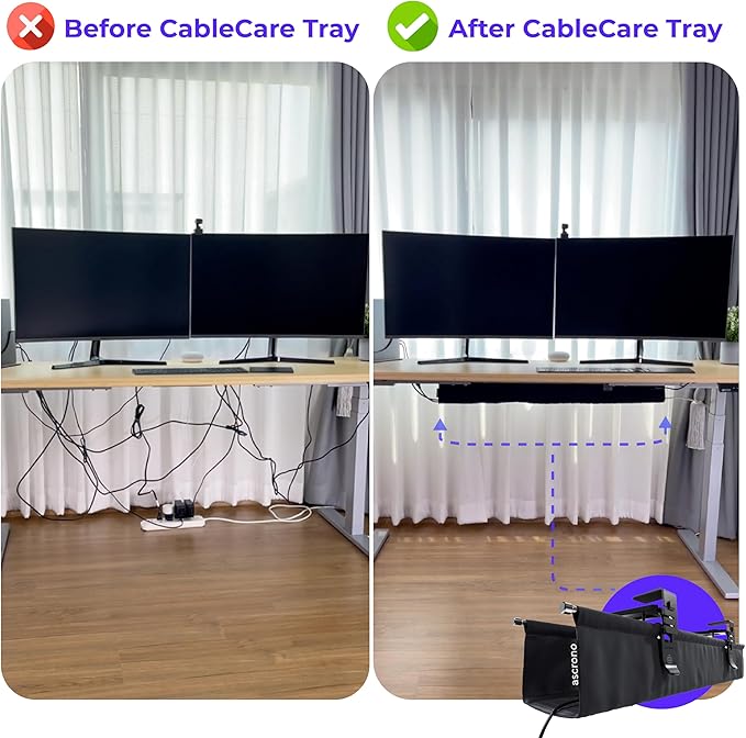Ascrono Original No Drill Under Desk Cable Management Tray 27.3" - Premium White Fabric Cable Management Under Desk - Clamp/Screw Mount Cord Organizer - Supports Upto 66lbs
