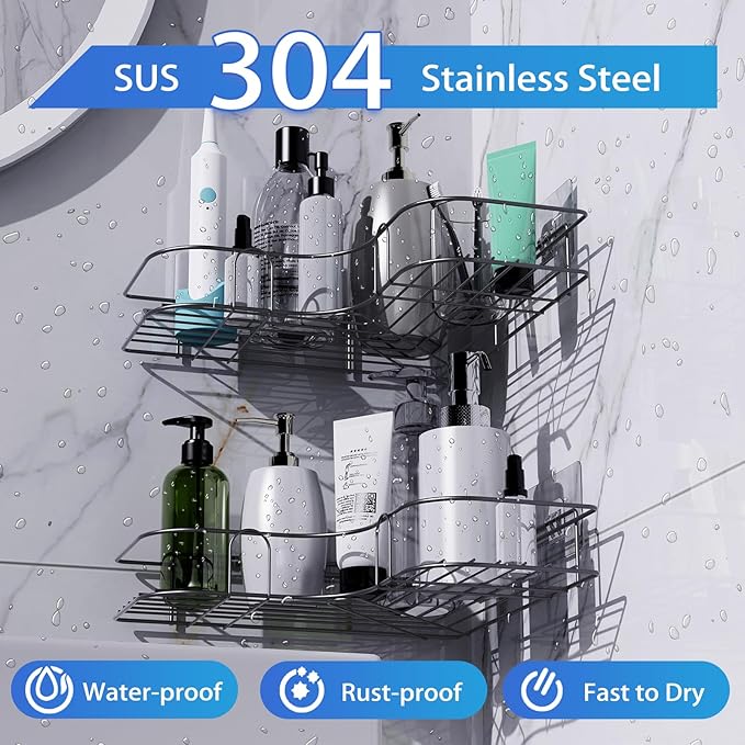 Moonlit Pond Corner Shower Caddy, 2 Pack Adhesive Shower Corner Organizer Shelves, No Drilling Stainless Steel Shower Storage Rack for Bathroom, Dorm and Kitchen, Black