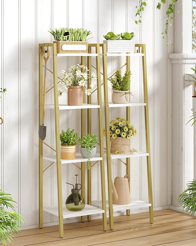 Ladder Shelf, Bookshelf Bookcase, Freestanding Corner Storage Shelve with 2 Hooks for Home Office, Living Room, Kitchen, Bedroom, Industrial, 11.8" D x 13.4" W x 47.2" H, White Gold BC13213G