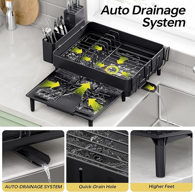 Dish Drying Rack for Kitchen Counter, 304 Stainless Steel Dish Rack, Expandable Dish Drainer, Foldable Dish Strainer with Cutlery Holder, Kitchen Plate Rack (Black, Large Size)