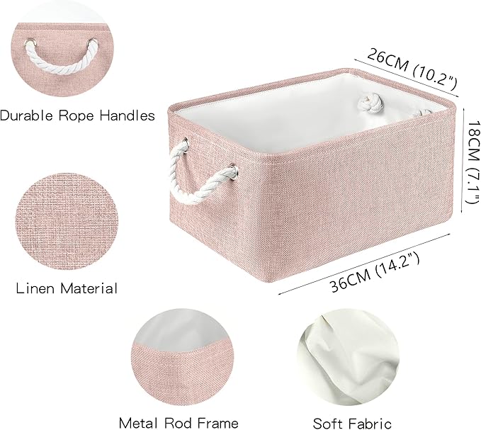 Storage Bins with Sturdy Cotton Handles(3 Pack), Fabric Storage Baskets for Organizing use for Office & Home, Book, Clothes, Toys, Closet Boxes (Medium, Pink, 14.2x10.2x7.1 inches)