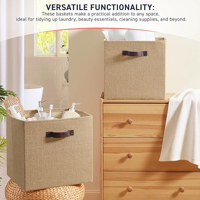 Ornavo Home 10.5 x 10.5 Storage Cube Bins, 6 Pack Jute Baskets, Fabric Storage Bins Shelf Basket Cube Organizer for Closet Foldable Collapsible with Leather Handles