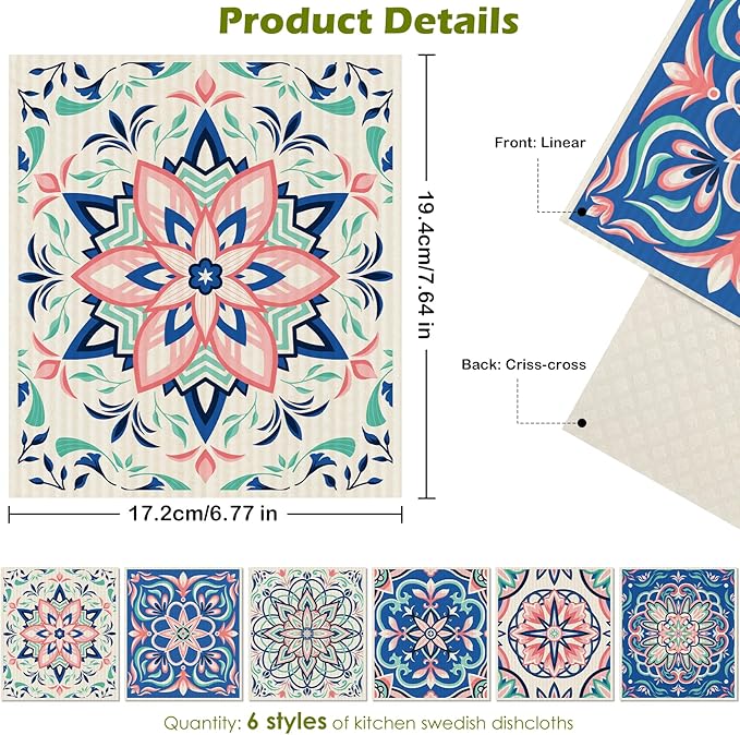 6 Packs Swedish Paper Cloths for Kitchen, Reusable Paper Towels Washable Dish Rags, Highly Absorbent Kitchen Towels Quick Drying Swedish Sponge Cleaning Dish Cloths(Pink Six-Petal Floral)