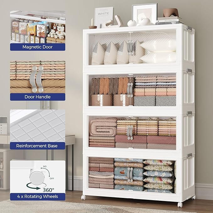 360QT Extra Large Stackable Storage Bins with Lid, 90Gal Plastic Closet Organizers and Storage Drawer, Collapsible Cabinet Box with Wheels Clear Doors for Home Kitchen Office, 3Pack White