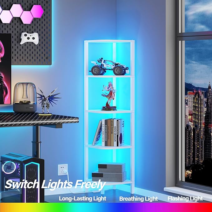 TUTOTAK Corner Shelf with LED Light, 5-Tier Corner Bookshelf for Small Space, Narrow Display Corner Shelf Stand with Storage Rack, for Living Room, Bedroom, White BS08BW005L