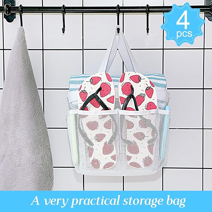 Hillban 4 Pcs Mesh Shower Caddy Portable Large Quick Dry Shower Caddy Basket with Deeper 8 Pockets and 2 Handles Hanging Bag for College Dorm Room(White)