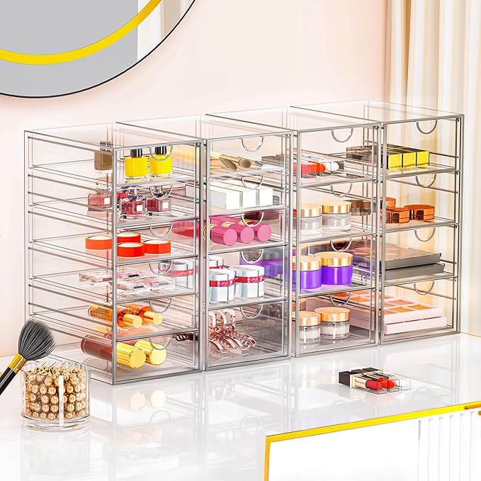 Acrylic Makeup Organizer with 31 Drawers, 6 Pack Clear Storage Drawers, Bathroom Makeup Organizer for Palettes, Cosmetic, and Beauty Supplies,Ideal for Vanity, Cabinet,Desk Organization