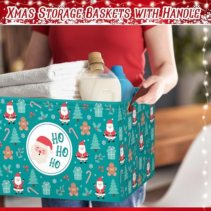 Boao 3 Pack Christmas Storage Baskets for Gifts Empty Collapsible Large Christmas Storage Bins, Xmas Canvas Laundry Basket with Handle for Office Home Bedroom Clothes Toys Holiday Decor
