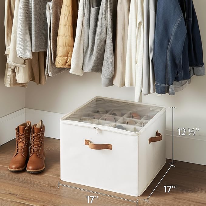 StorageWorks Shoe Organizer for Closet, Fits up to 16 Pairs, Shoe Cubby Storage Containers with Adjustable Dividers and Clear Cover, Beige