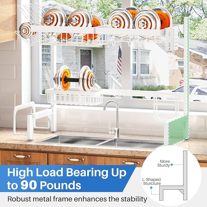 SNTD Over The Sink Dish Drying Rack - Adjustable Dish Rack for Kitchen Counter, Metal (White)