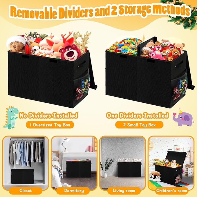 Large Toy Storage Box with Lid Divider, Sturdy Collapsible Toys Organizer Chest Kids Storage Bins Boxes Baskets for Boys, Girls, Nursery, Bedroom, Living Room, Playroom, 25"x13"x16", Black