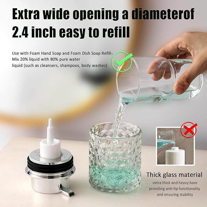 Malachi Foaming Hand Soap Dispenser, Refillable Clear Glass Pump Bottles for Liquid or Lotion, Modern Foam Dispenser for Bathroom, Kitchen, Commercial