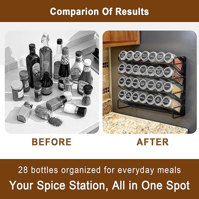 Magnetic Spice Rack Organizer for Refrigerator with 28 Spice Jars, 386 Spice Labels, 4 Hook, Chalk Marker and Funnel Set, Magnetic Shelf for Seasoning Organizer, 13.2'' W x 9.8 H, Black