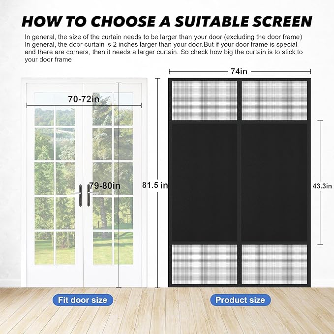 Magnetic Screen Door 72"x80" Blackout – Privacy Protection, Powerful Magnets, Heavy Duty Thicker 265g/㎡ Mesh, Easy Install, Self-Sealing, Pet Tested, Tie Backs, Screen Door Mesh