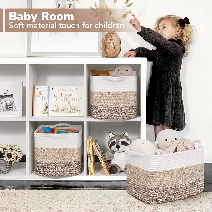 Goodpick Woven Storage Basket, 13"x10"x9" Cotton Rope Organizer for Dog Toys, Books, Stylish Gift Basket with Handles, Small Laundry Baskets for Shelves, Gradient Brown