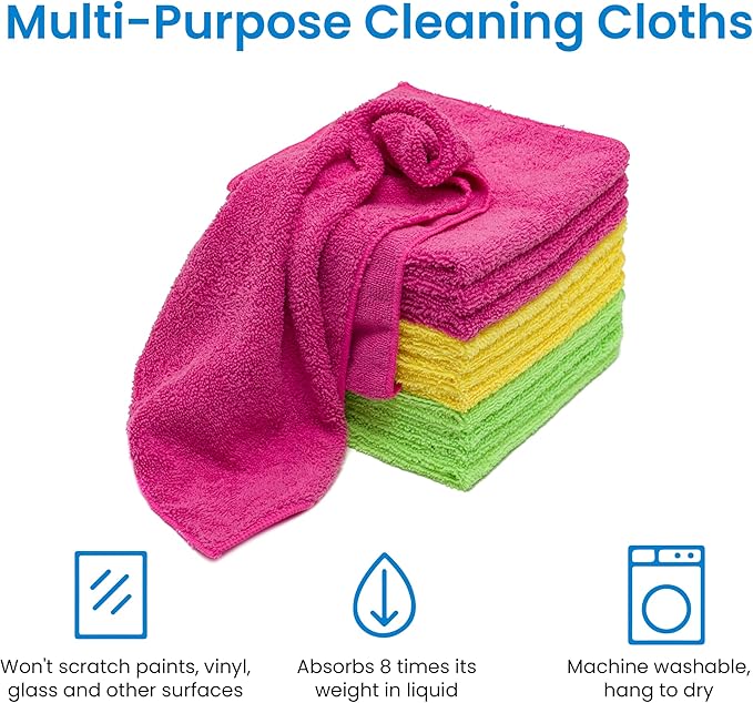 KORUSER Microfiber Cleaning Cloths - Reusable and Washable - Multi Purpose Indoor/Outdoor Cleaning/Dusting/Polishing on Kitchen/Bathroom/Auto Surfaces (12 Pack/High Grammage)