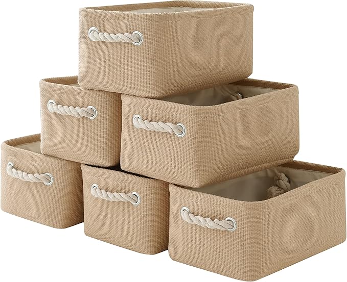 Organization and Storage Basket for Gifts Empty - 12x8x5.2 inch Small 6 Pack Collapsible Storage Box for Organizing, Fabric Storage Cubes for Cloth Books Laundry Canvas(Beige)