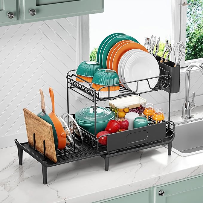Dish Drying Rack for Kitchen Counter, Expandable 2 Tier Dish Rack, Large Capacity Dish Drainer with Drainboard Multifunctional Dish Strainer with Removable Cutlery Holder Black