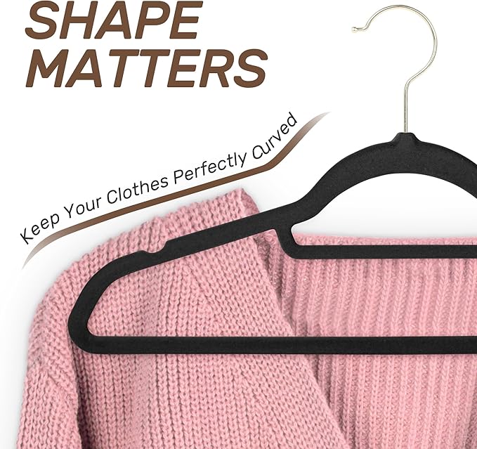 Velvet Hangers 30 Pack with Gold Hooks, Non-Slip Slim Felt Hanger for Clothes, Space Saving Heavy Duty Flocked Hangers for Dresses, Coats, Pants(Black)