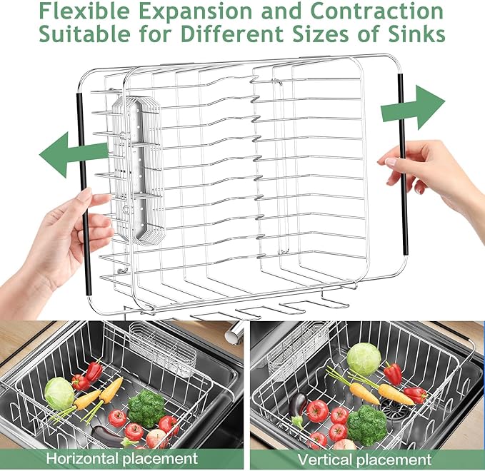 Dish Drying Rack in Sink, Extendable Stainless Steel Dish Drainers for Kitchen Counter, Anti-Rust Dish Dryer Rack with Utensil & Cup Holders, for Inside Sink, Over The Sink