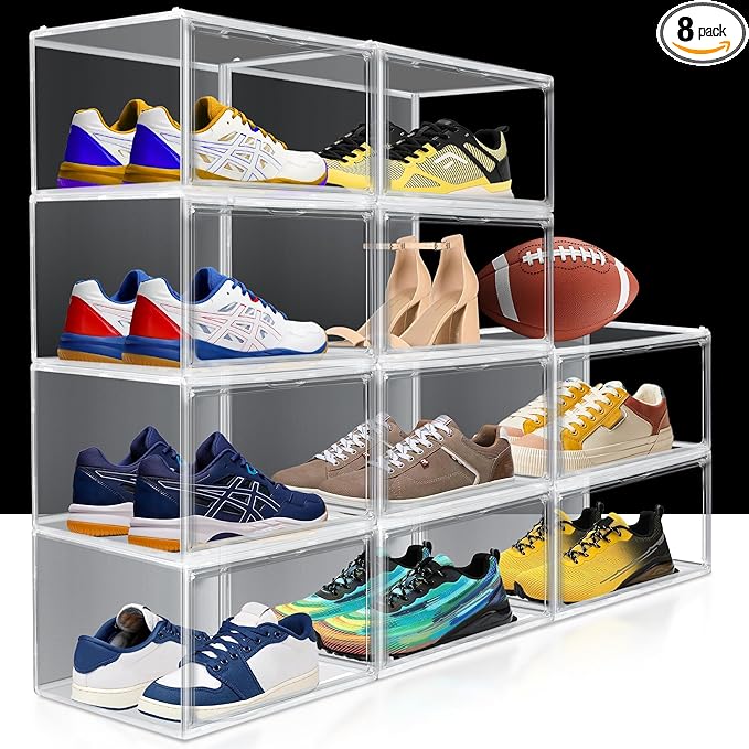 EDS FAM 8 Pack Shoe Storage Organizer for Closet, Size 12.5 Sneaker Display Case Clear Stackable Plastic Shoe Boxes with Magnetic Acrylic Door, Fit up to US Size 12.5