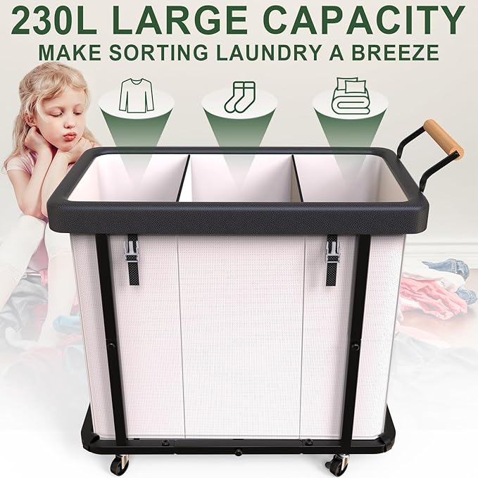 230L (60 Gal) Extra Large Fashion Laundry Sorter 3 Section with Lid, Rolling Laundry Basket Hamper with Handle, Laundry Organizer Storage Cart with Sturdy Metal Frame for Laundry Room, Hotel, White