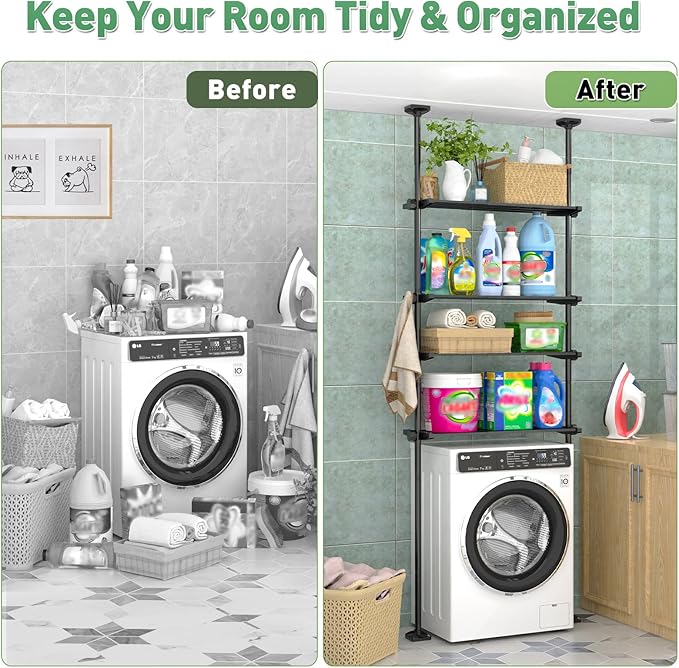 Over The Toilet Storage Shelf, 4-Tier Adjustable Over Toilet Bathroom Organizer,Tension-Mounted Bathroom Storage Rack for Ceilings, No Drill Space-Saving Shelving for Small Rooms,Black