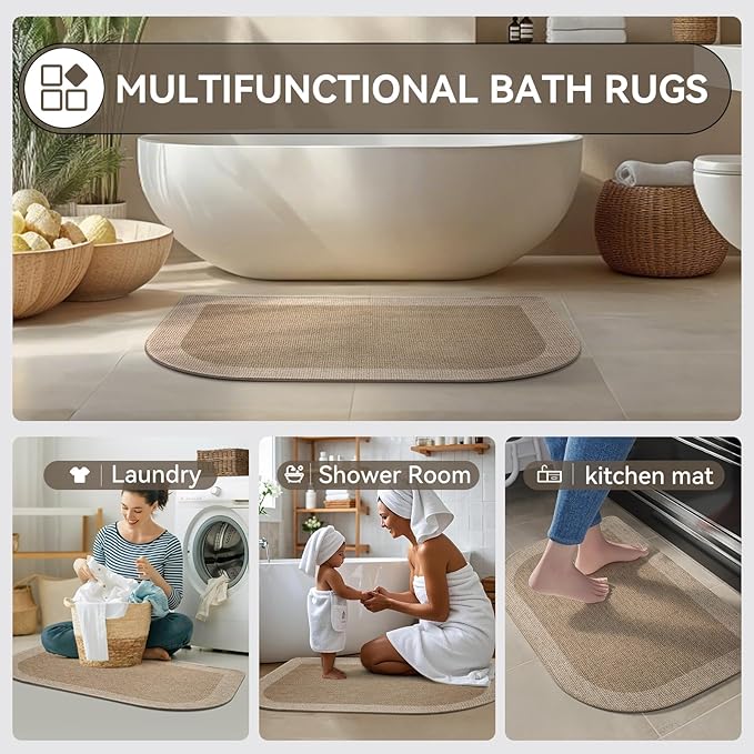 YDKGL Half Circle Bath Mat, Thin Bathroom Rugs Fit Under Door Quick Dry Non Slip Washable Bathroom Mat with Rubber Backing, Absorbent Half Round Shower Rug, Brown Beige 16x24