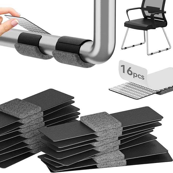 Sled Base Chair Floor Protectors Sled Base Chair Glides Wrap Around Floor Savers,Chair Leg Protectors Furniture Pads,Protect Floors Anti-Scratch Reduce Noise Easy Install (16pcs, Grey Felt Pads)